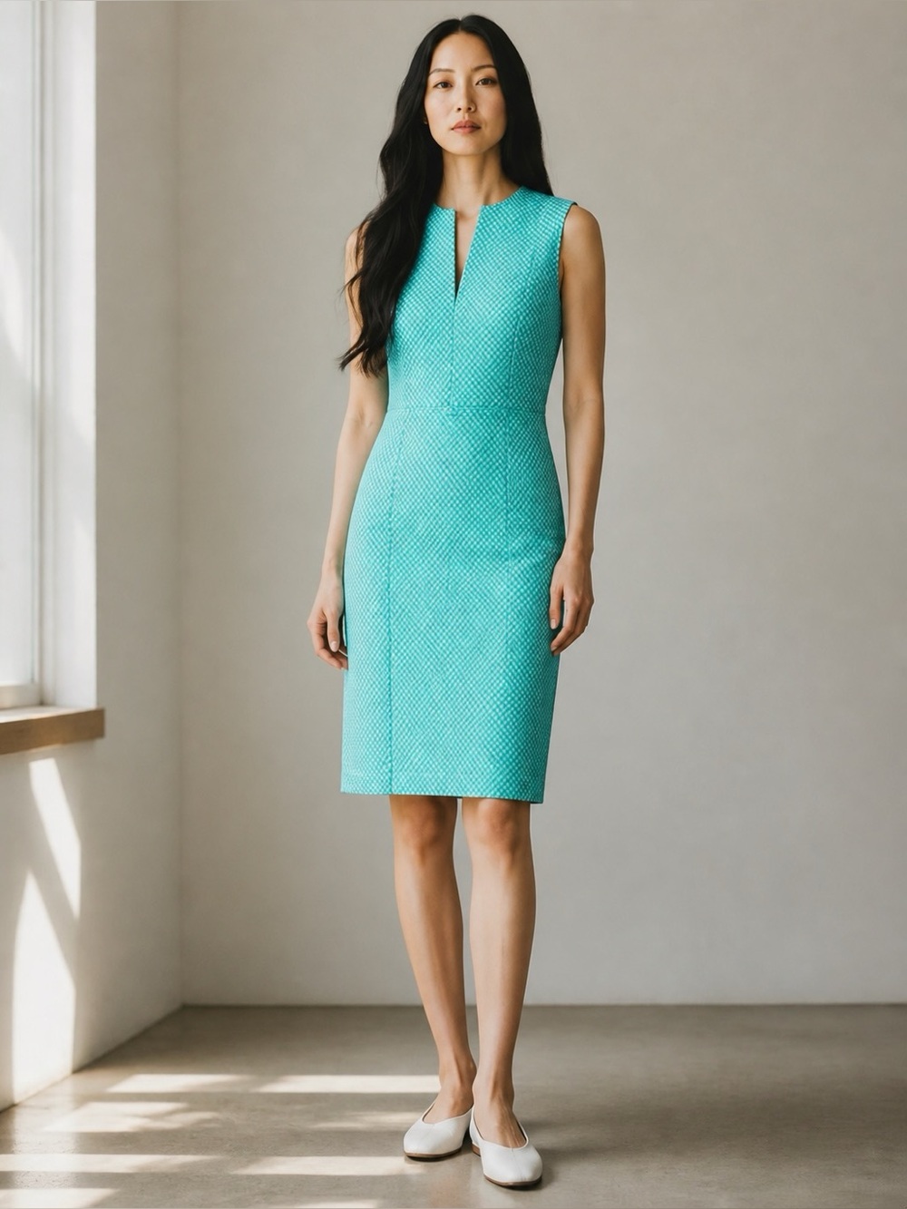 Chaps Women's Aqua White Gingham Sheath Dress Size 8 Sleeveless - Picture 1 of 8